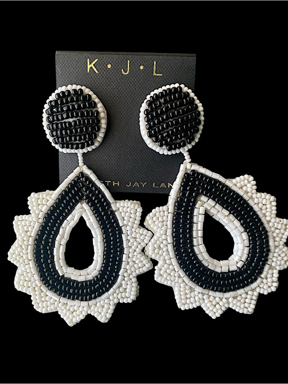 Kenneth Jay Lane Black and White Beaded Teardrop Dangle Earrings